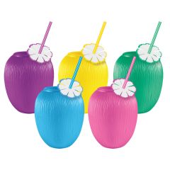 20oz Coconut Cups With Straws And Flowers In Asst Pastel Colors 60Cs