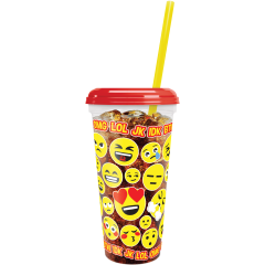 32oz Souvenir Cup Emoji Design Clear Cup With Red Lid And Yellow Straw