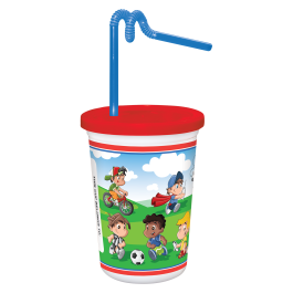250 Pack] 12 OZ Plastic Kids Cup with Lid and Straw - Spill Proot, BPA Free  & Food Safe Fun Cartoon Cups with Reusable Red Lids and Curly Straws for  Parites, Cold