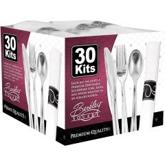 Heavy Styrene Silver Cater Kit 4/30ct Knife, Fork, Spoon, 16x16 Napkin
