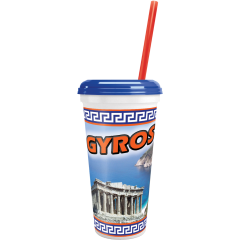 32oz Souvenir Cup Gyros Design With Blue Lid And Red Straw In White