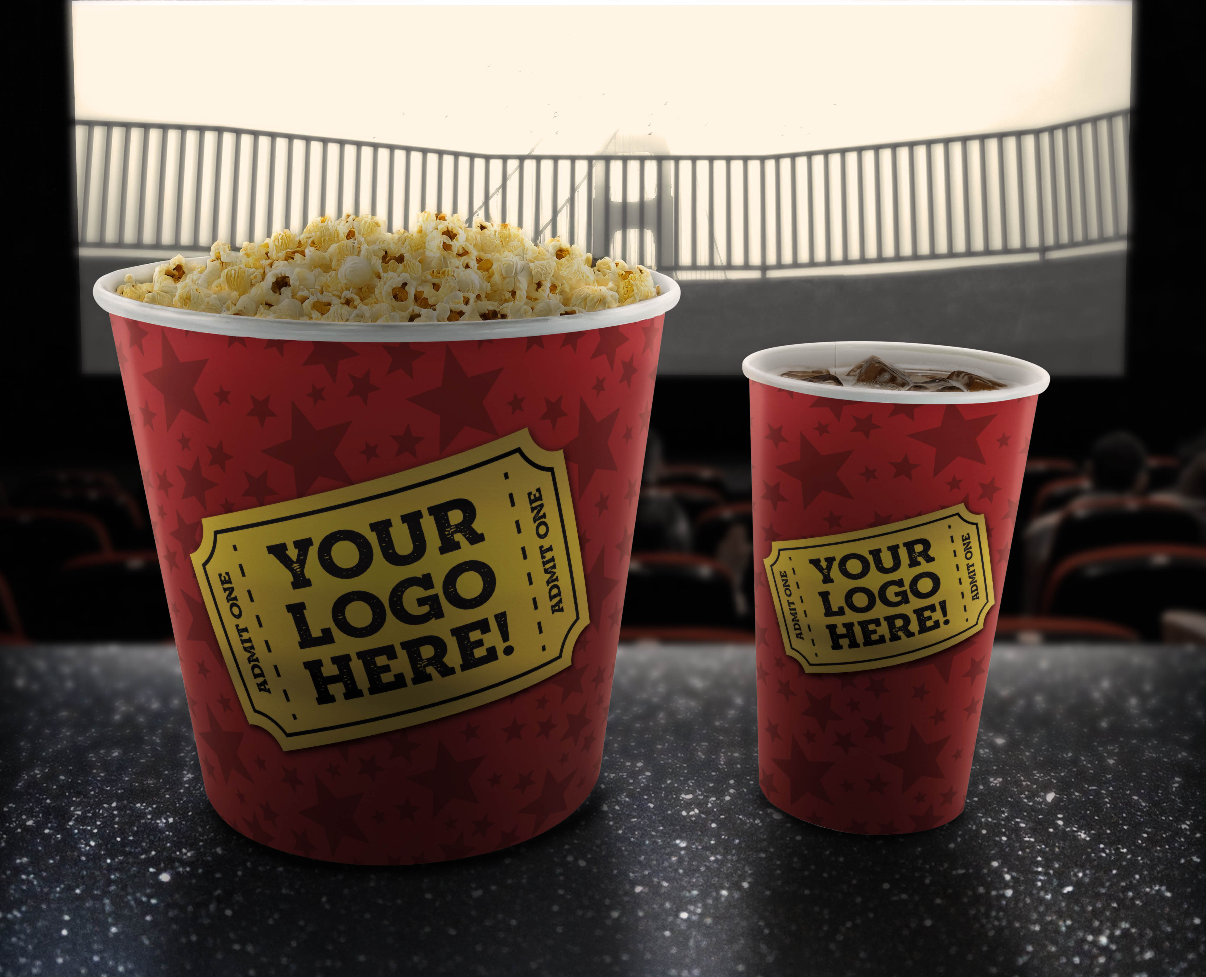Custom design services. Add your theater's or venue's logo to cups, buckets, and more.