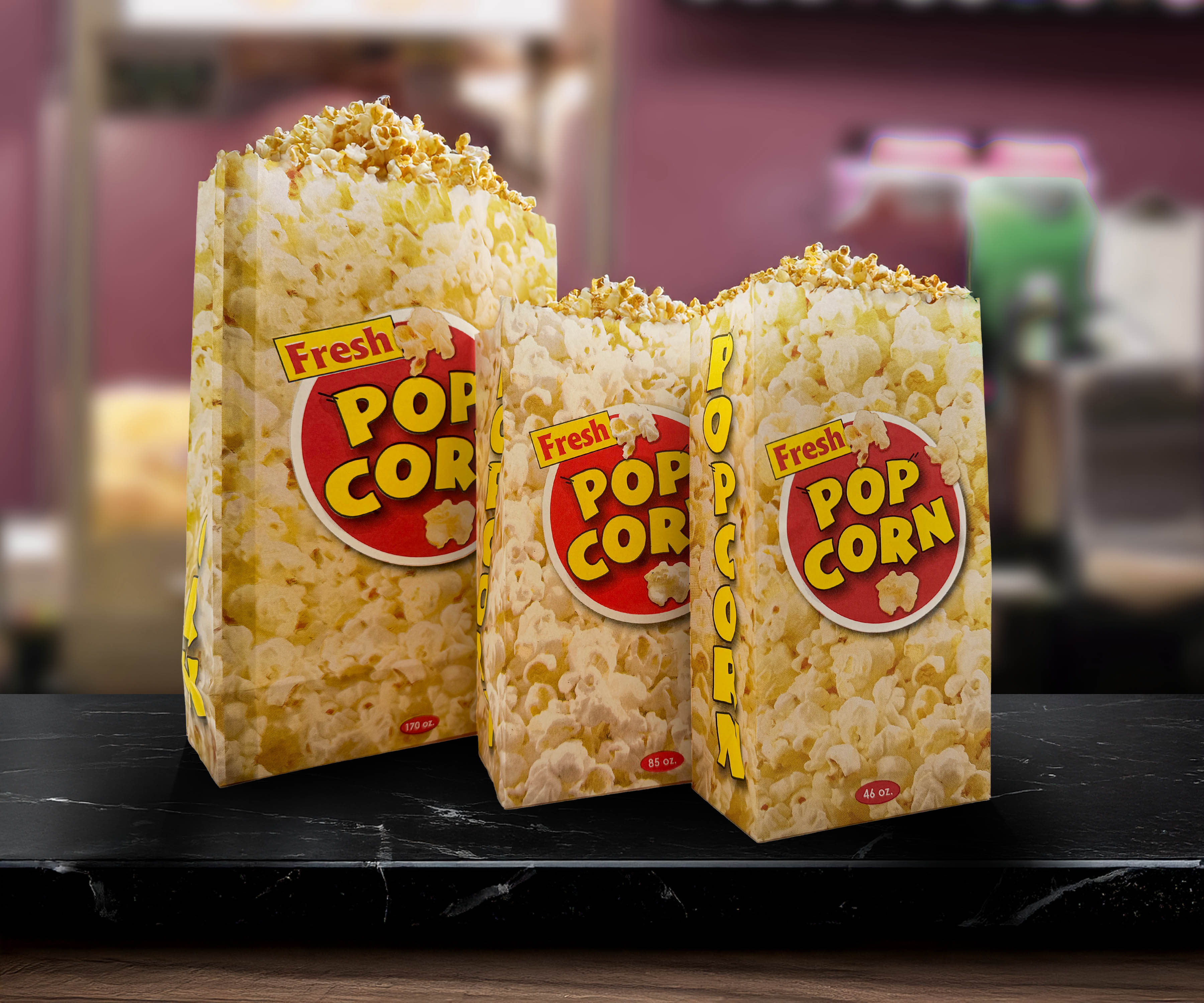 Theater and venue popcorn boxes and bags