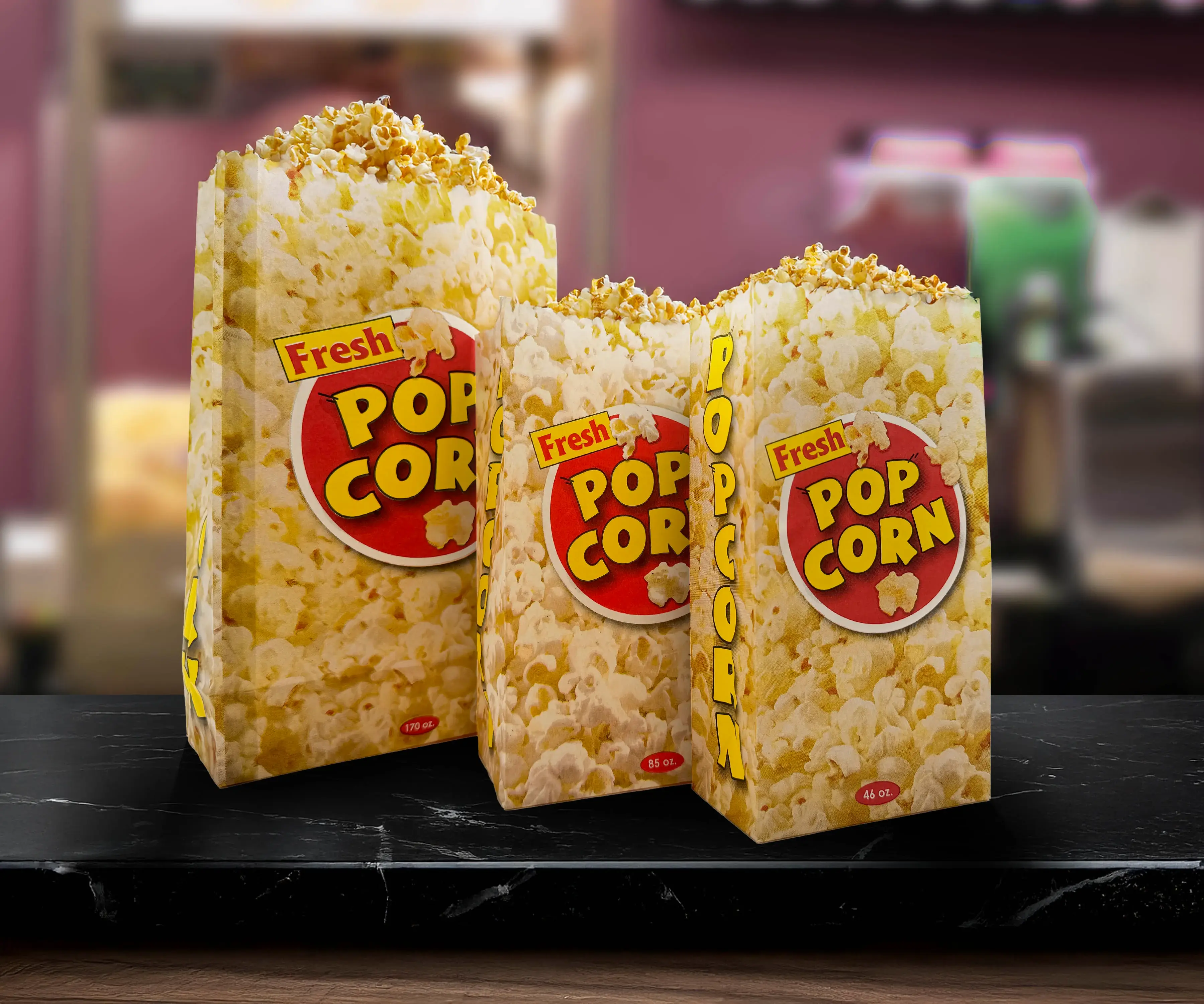 Theater and venue popcorn boxes and bags